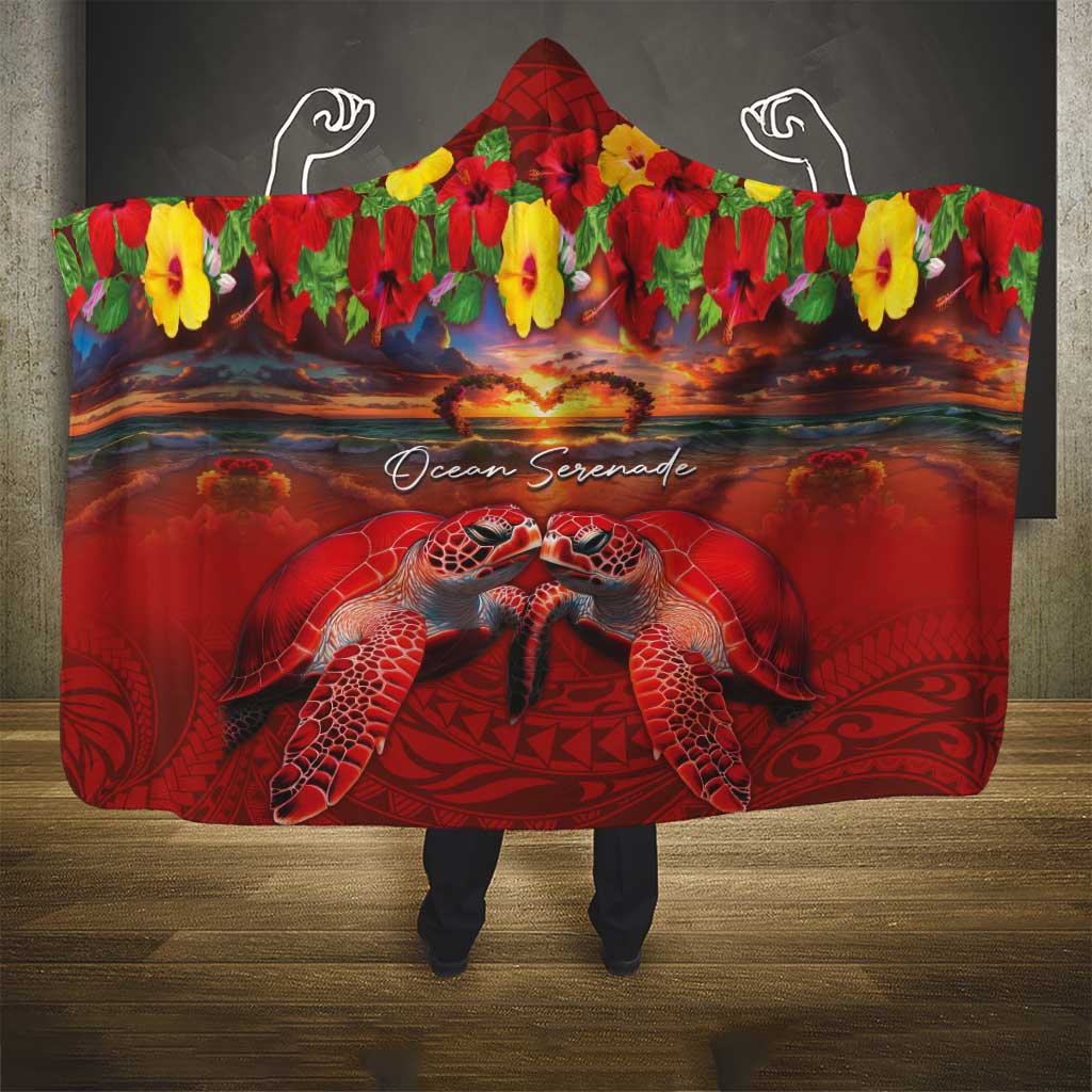 Hawaiian Turtle Love Couple Hooded Blanket Ocean Serenade - Honu Honi Ihu with Hibiscus and Romantic Sunset Red Color