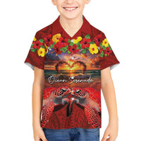 Hawaiian Turtle Love Couple Kid Hawaiian Shirt Ocean Serenade - Honu Honi Ihu with Hibiscus and Romantic Sunset Red Color