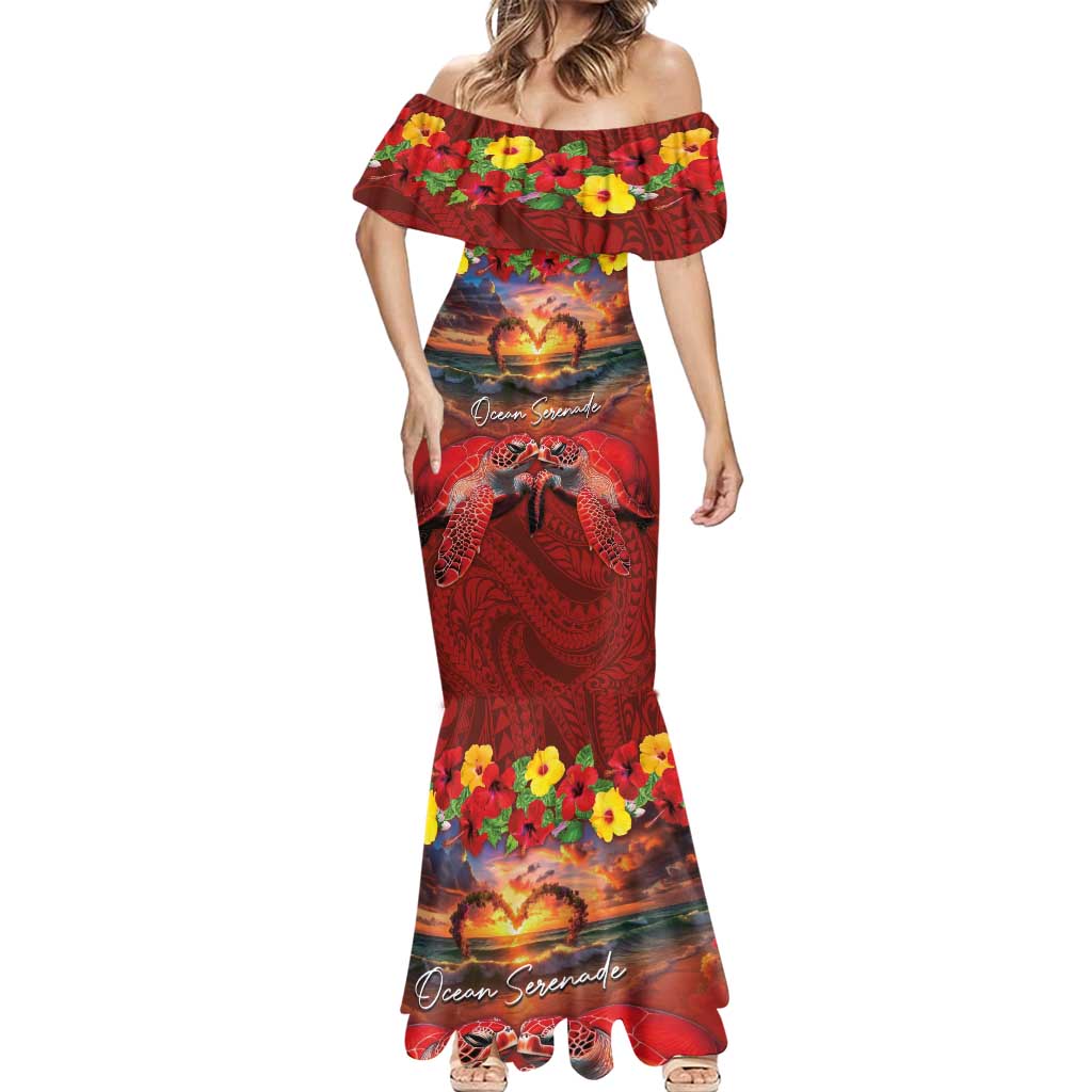 Hawaiian Turtle Love Couple Mermaid Dress Ocean Serenade - Honu Honi Ihu with Hibiscus and Romantic Sunset Red Color