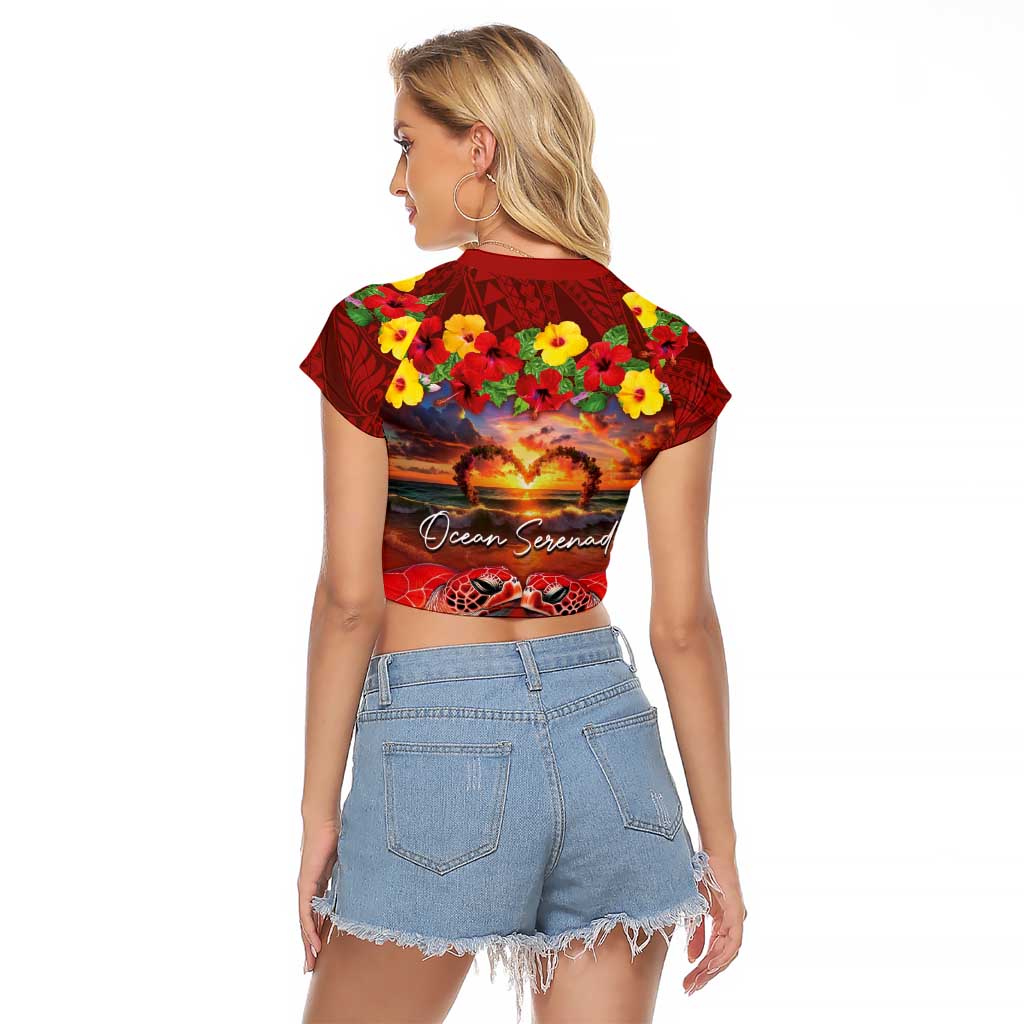 Hawaiian Turtle Love Couple Raglan Cropped T Shirt Ocean Serenade - Honu Honi Ihu with Hibiscus and Romantic Sunset Red Color
