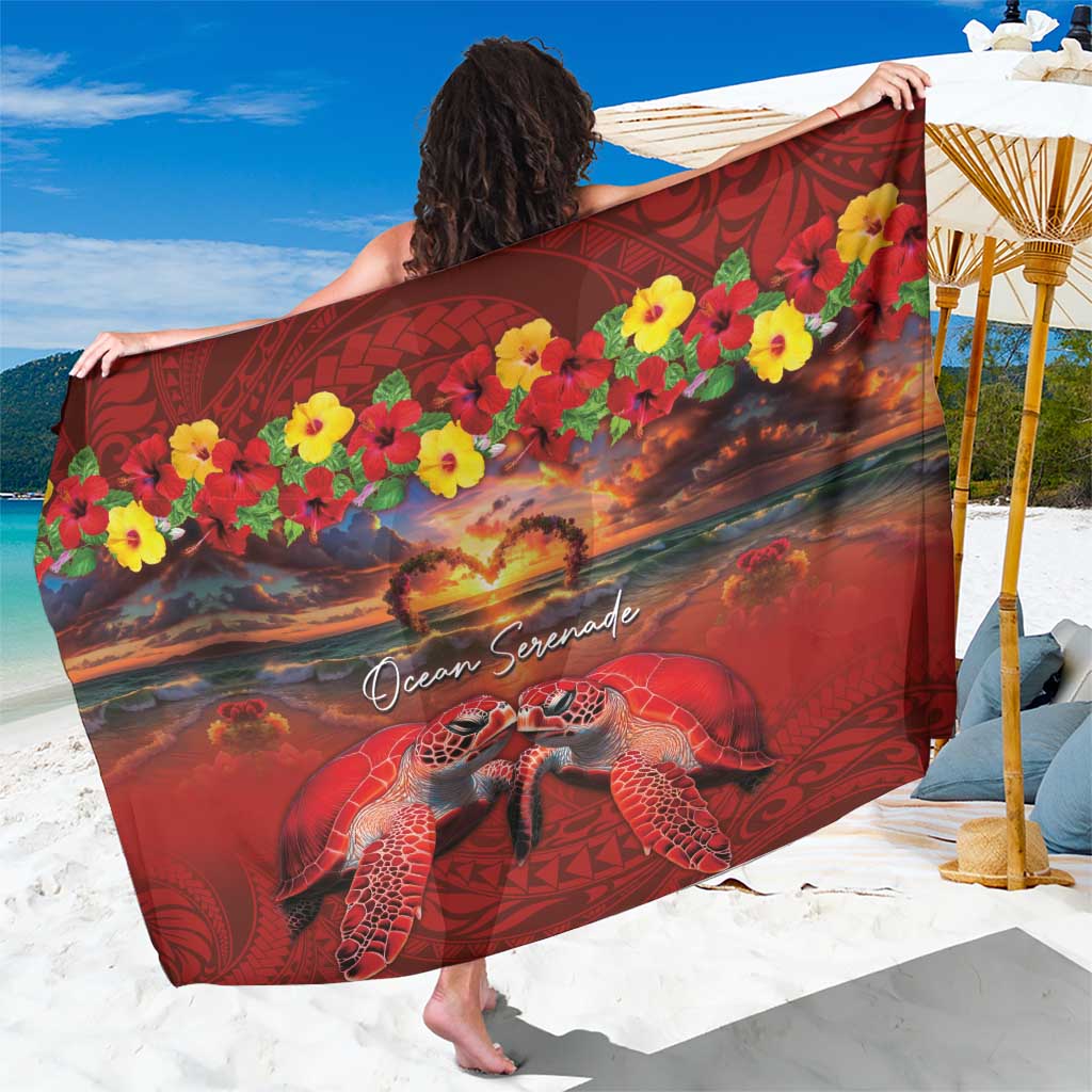 Hawaiian Turtle Love Couple Sarong Ocean Serenade - Honu Honi Ihu with Hibiscus and Romantic Sunset Red Color LT03 One Size 44 x 66 inches Red - Polynesian Pride