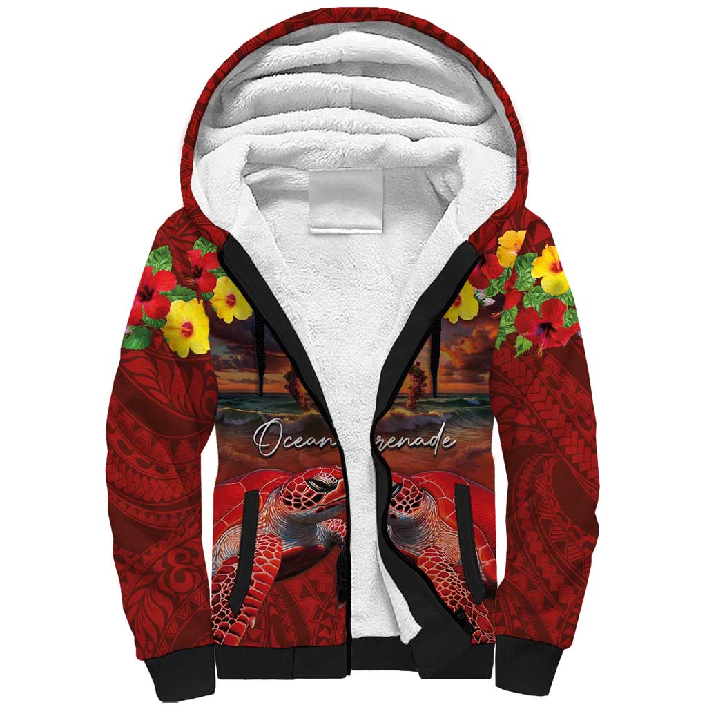 Hawaiian Turtle Love Couple Sherpa Hoodie Ocean Serenade - Honu Honi Ihu with Hibiscus and Romantic Sunset Red Color LT03 Unisex Red - Polynesian Pride