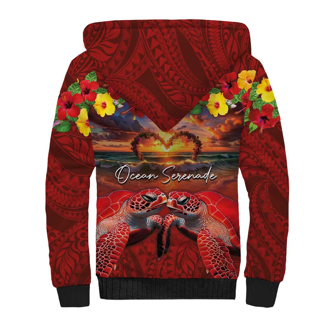 Hawaiian Turtle Love Couple Sherpa Hoodie Ocean Serenade - Honu Honi Ihu with Hibiscus and Romantic Sunset Red Color