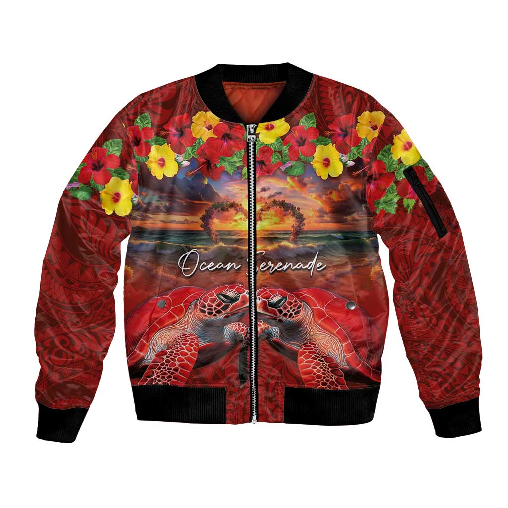 Hawaiian Turtle Love Couple Sleeve Zip Bomber Jacket Ocean Serenade - Honu Honi Ihu with Hibiscus and Romantic Sunset Red Color LT03 Unisex Red - Polynesian Pride