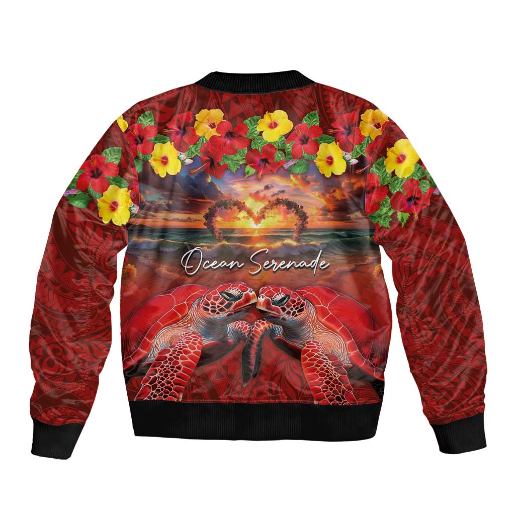 Hawaiian Turtle Love Couple Sleeve Zip Bomber Jacket Ocean Serenade - Honu Honi Ihu with Hibiscus and Romantic Sunset Red Color