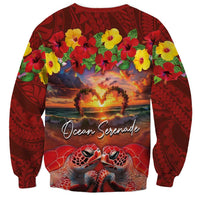 Hawaiian Turtle Love Couple Sweatshirt Ocean Serenade - Honu Honi Ihu with Hibiscus and Romantic Sunset Red Color LT03 - Polynesian Pride