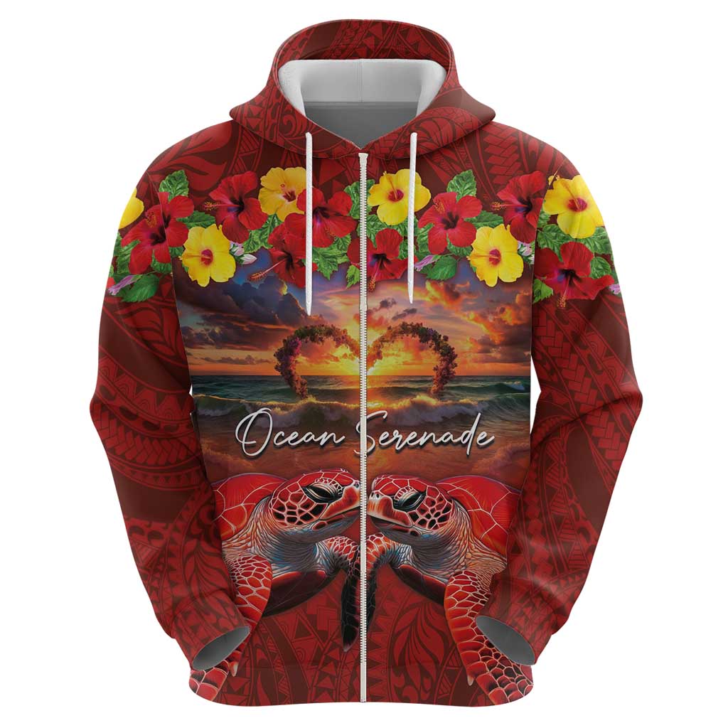 Hawaiian Turtle Love Couple Zip Hoodie Ocean Serenade - Honu Honi Ihu with Hibiscus and Romantic Sunset Red Color