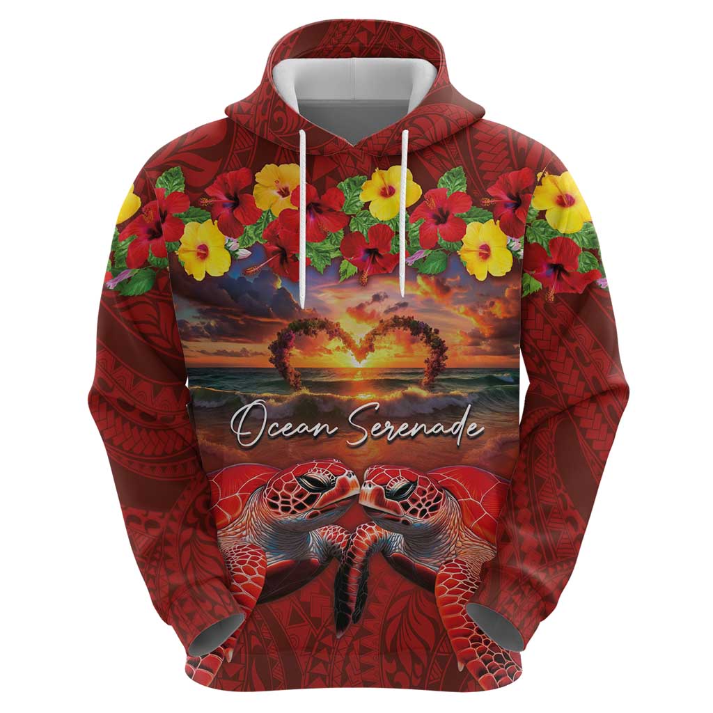 Hawaiian Turtle Love Couple Zip Hoodie Ocean Serenade - Honu Honi Ihu with Hibiscus and Romantic Sunset Red Color