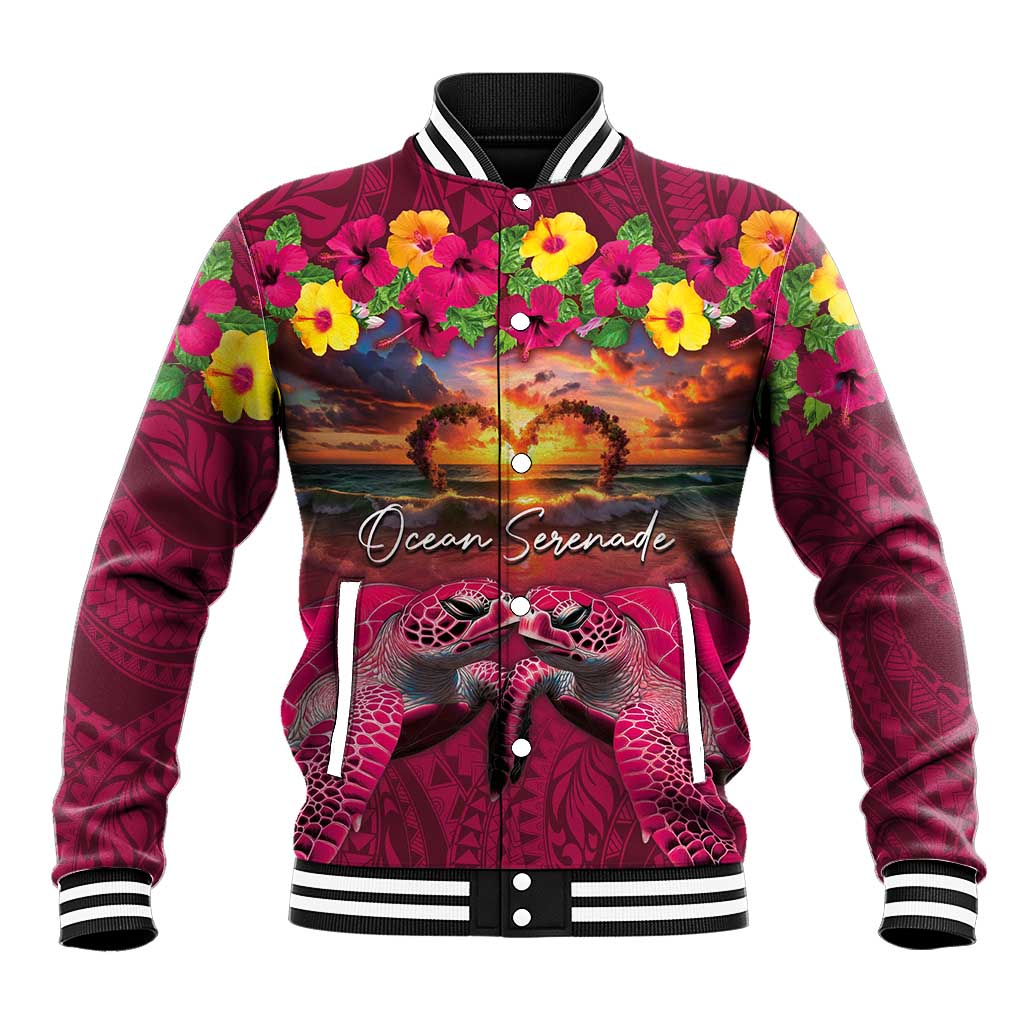 Hawaiian Turtle Love Couple Baseball Jacket Ocean Serenade - Honu Honi Ihu with Hibiscus and Romantic Sunset Pink Color LT03 Unisex Pink - Polynesian Pride