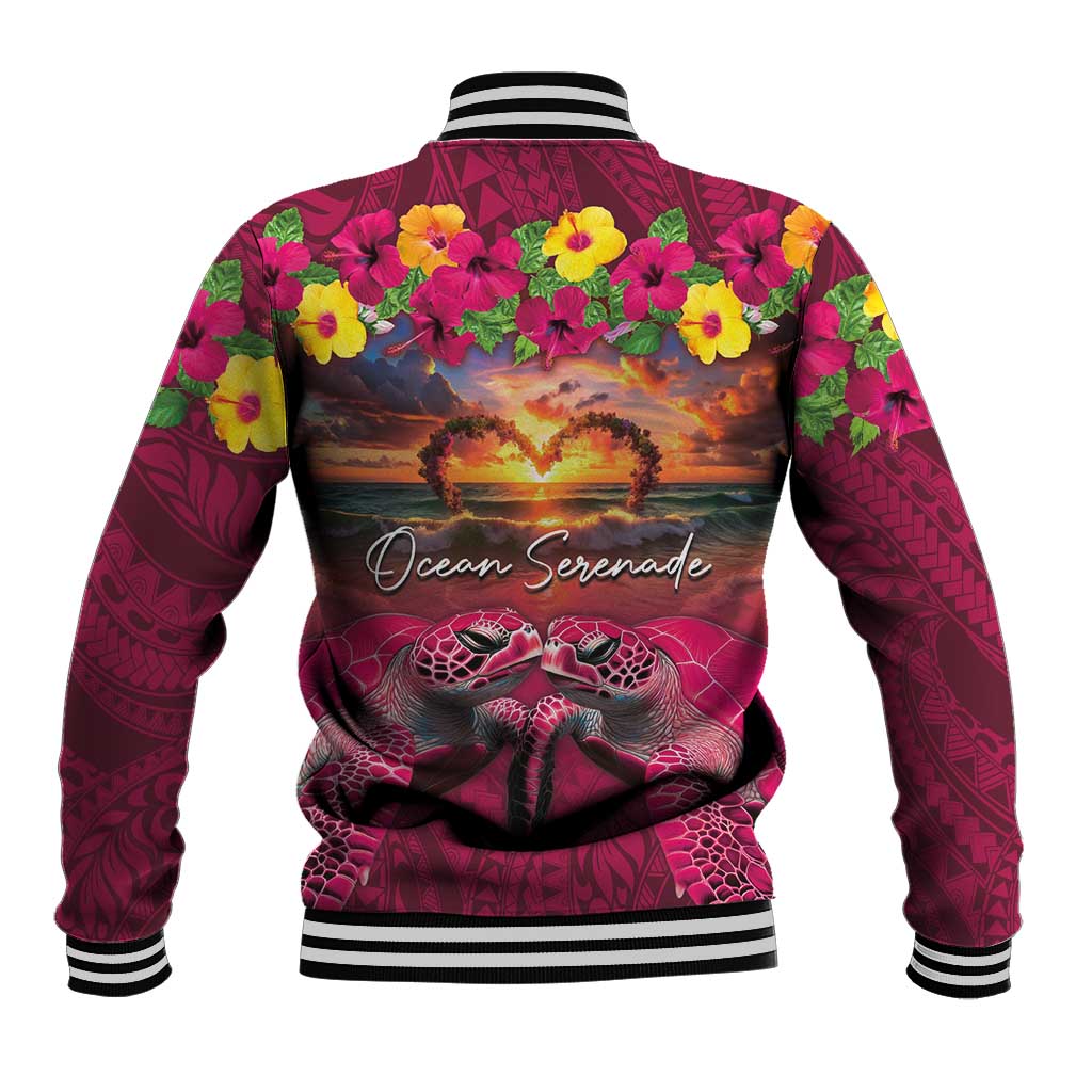 Hawaiian Turtle Love Couple Baseball Jacket Ocean Serenade - Honu Honi Ihu with Hibiscus and Romantic Sunset Pink Color