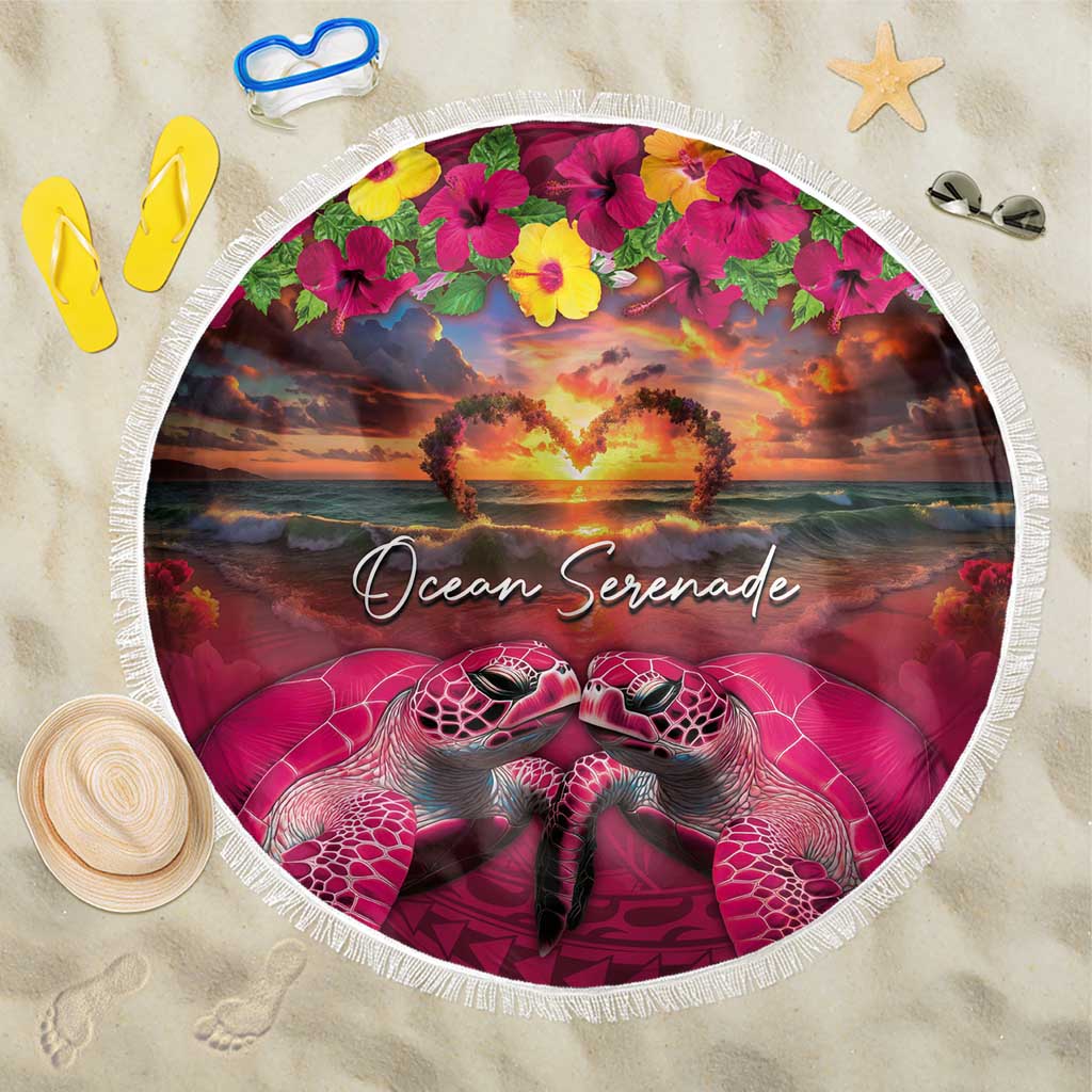 Hawaiian Turtle Love Couple Beach Blanket Ocean Serenade - Honu Honi Ihu with Hibiscus and Romantic Sunset Pink Color LT03 One Size 150cm Pink - Polynesian Pride