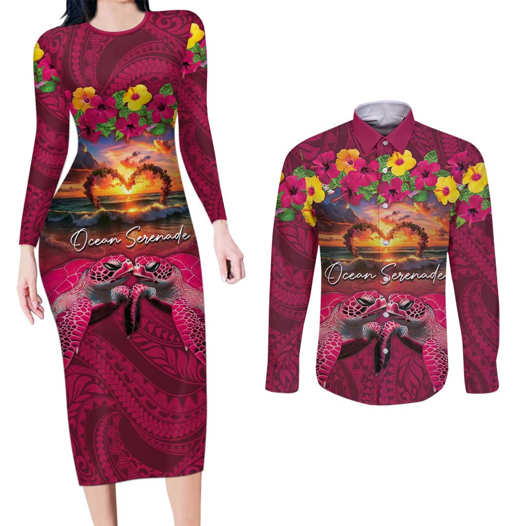 Hawaiian Turtle Love Couple Couples Matching Long Sleeve Bodycon Dress and Long Sleeve Button Shirt Ocean Serenade - Honu Honi Ihu with Hibiscus and Romantic Sunset Pink Color LT03 Pink - Polynesian Pride