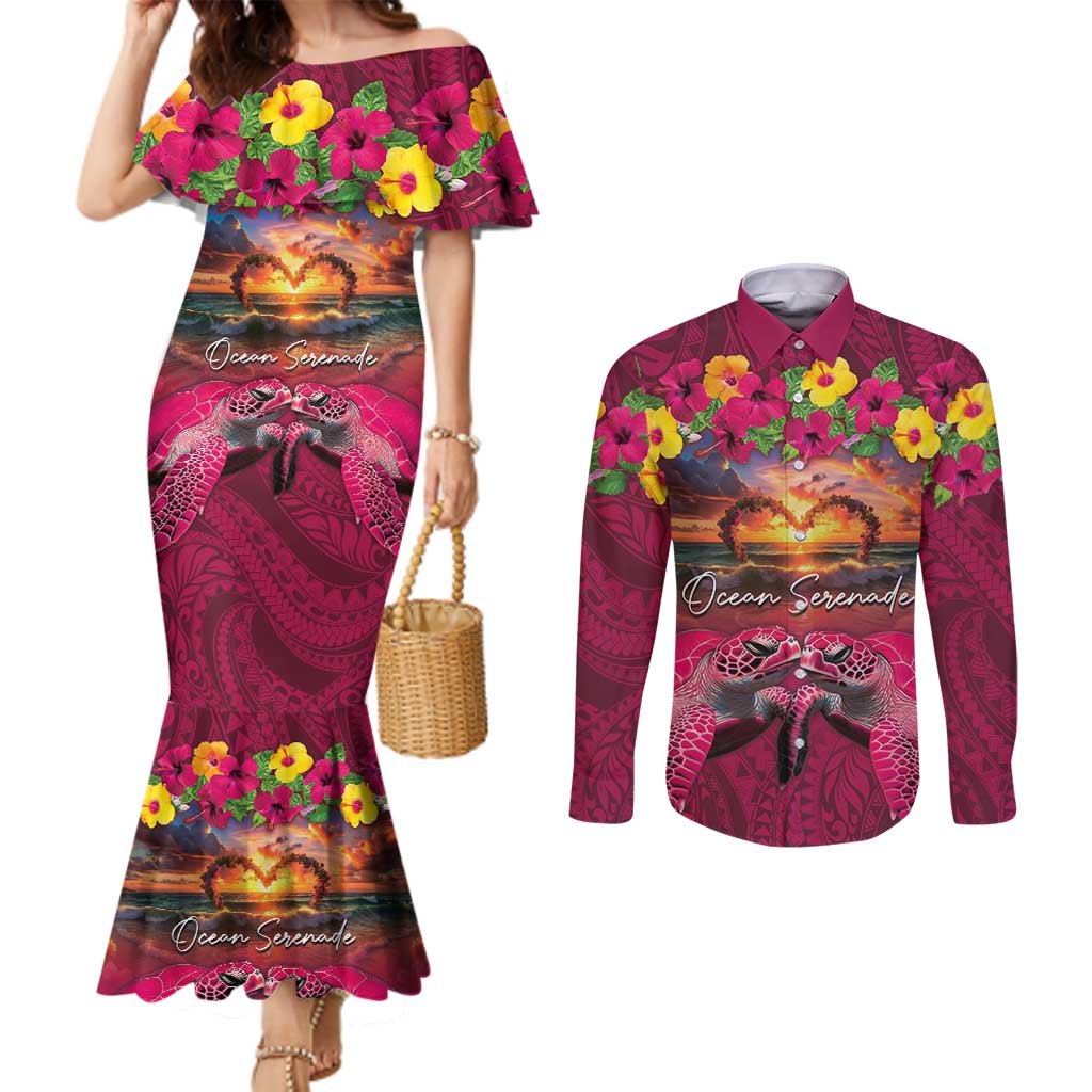 Hawaiian Turtle Love Couple Couples Matching Mermaid Dress and Long Sleeve Button Shirt Ocean Serenade - Honu Honi Ihu with Hibiscus and Romantic Sunset Pink Color LT03 Pink - Polynesian Pride