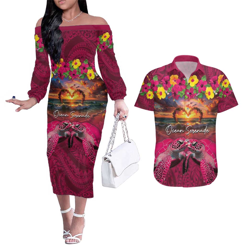 Hawaiian Turtle Love Couple Couples Matching Off The Shoulder Long Sleeve Dress and Hawaiian Shirt Ocean Serenade - Honu Honi Ihu with Hibiscus and Romantic Sunset Pink Color LT03 Pink - Polynesian Pride