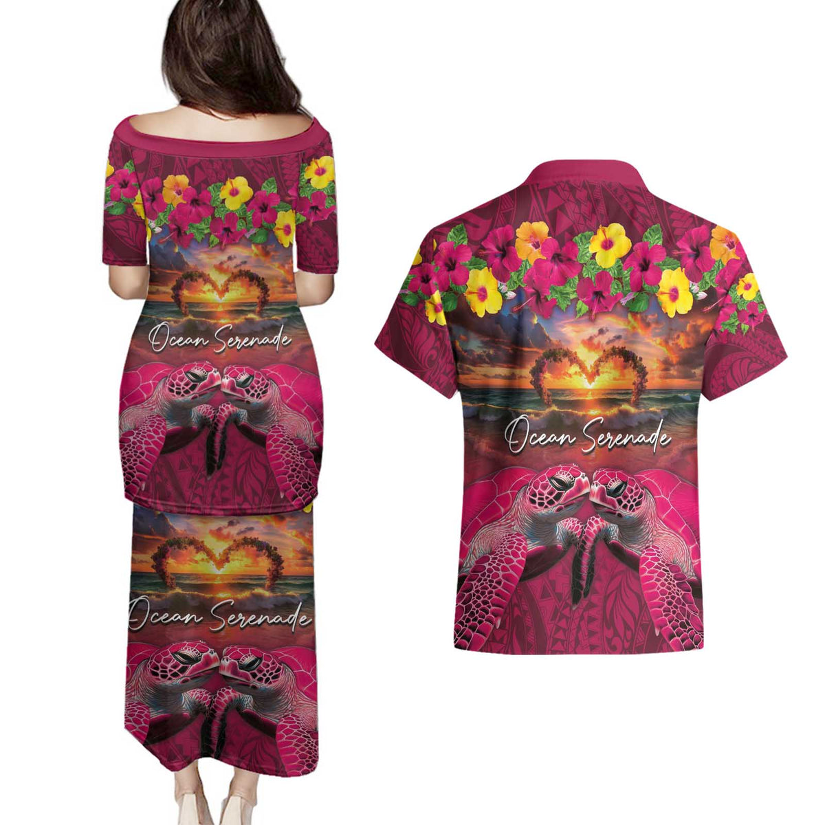 Hawaiian Turtle Love Couple Couples Matching Puletasi and Hawaiian Shirt Ocean Serenade - Honu Honi Ihu with Hibiscus and Romantic Sunset Pink Color
