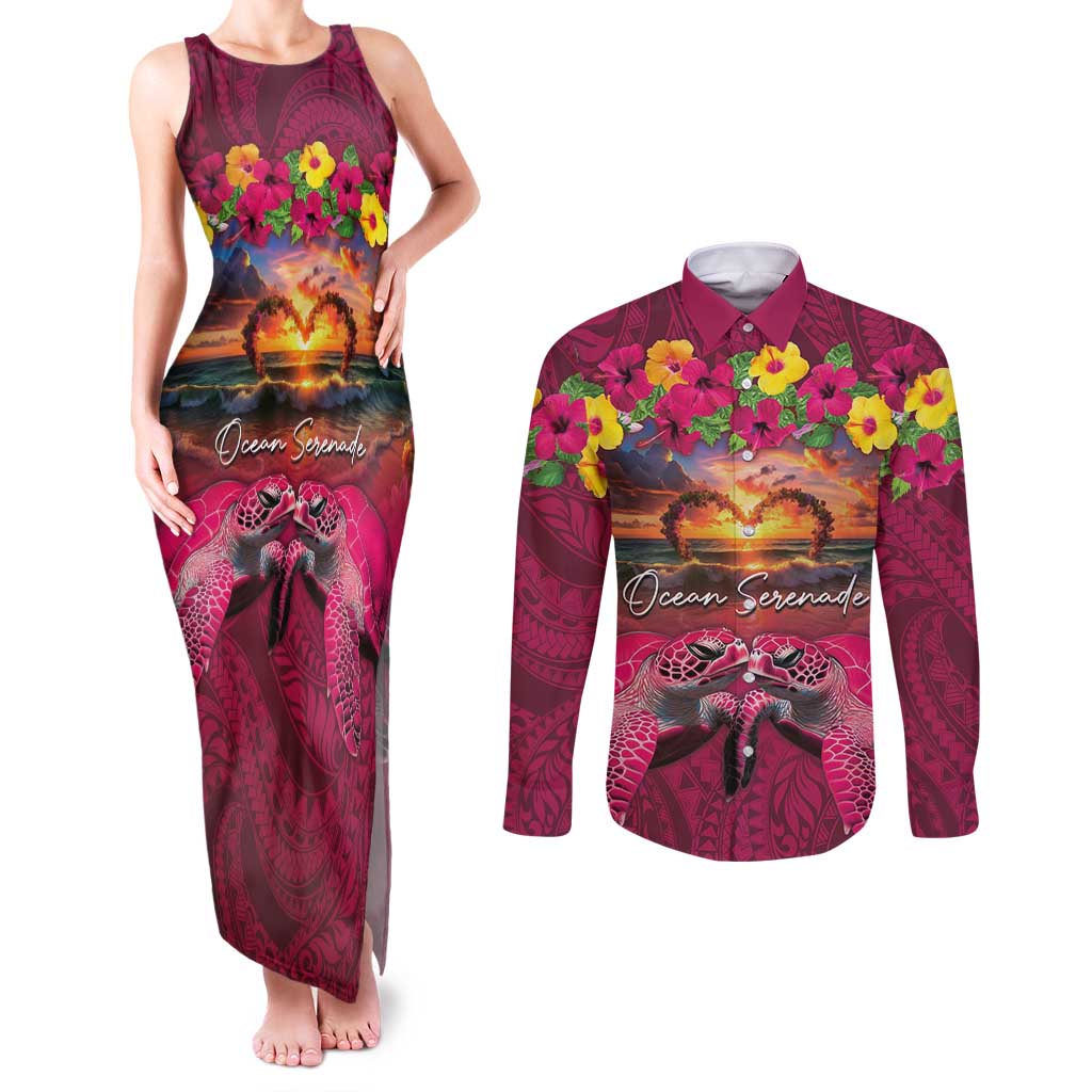 Hawaiian Turtle Love Couple Couples Matching Tank Maxi Dress and Long Sleeve Button Shirt Ocean Serenade - Honu Honi Ihu with Hibiscus and Romantic Sunset Pink Color LT03 Pink - Polynesian Pride