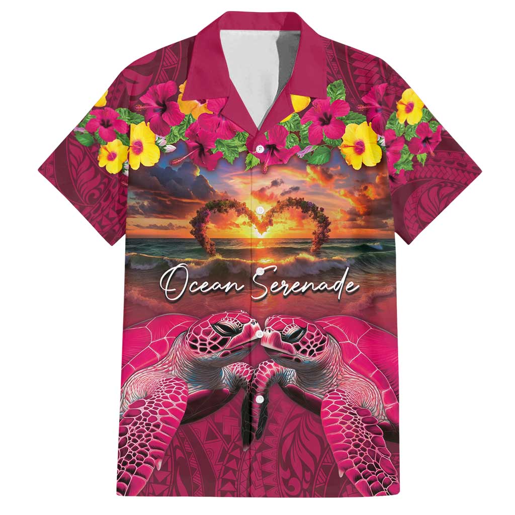 Hawaiian Turtle Love Couple Family Matching Off Shoulder Short Dress and Hawaiian Shirt Ocean Serenade - Honu Honi Ihu with Hibiscus and Romantic Sunset Pink Color LT03 Dad's Shirt - Short Sleeve Pink - Polynesian Pride