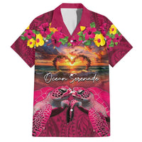 Hawaiian Turtle Love Couple Family Matching Off Shoulder Short Dress and Hawaiian Shirt Ocean Serenade - Honu Honi Ihu with Hibiscus and Romantic Sunset Pink Color LT03 Dad's Shirt - Short Sleeve Pink - Polynesian Pride