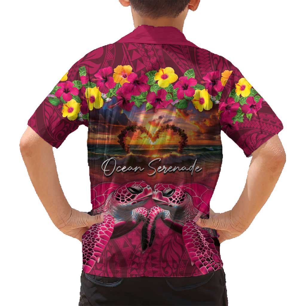 Hawaiian Turtle Love Couple Family Matching Tank Maxi Dress and Hawaiian Shirt Ocean Serenade - Honu Honi Ihu with Hibiscus and Romantic Sunset Pink Color LT03 - Polynesian Pride