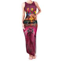 Hawaiian Turtle Love Couple Family Matching Tank Maxi Dress and Hawaiian Shirt Ocean Serenade - Honu Honi Ihu with Hibiscus and Romantic Sunset Pink Color LT03 Mom's Dress Pink - Polynesian Pride