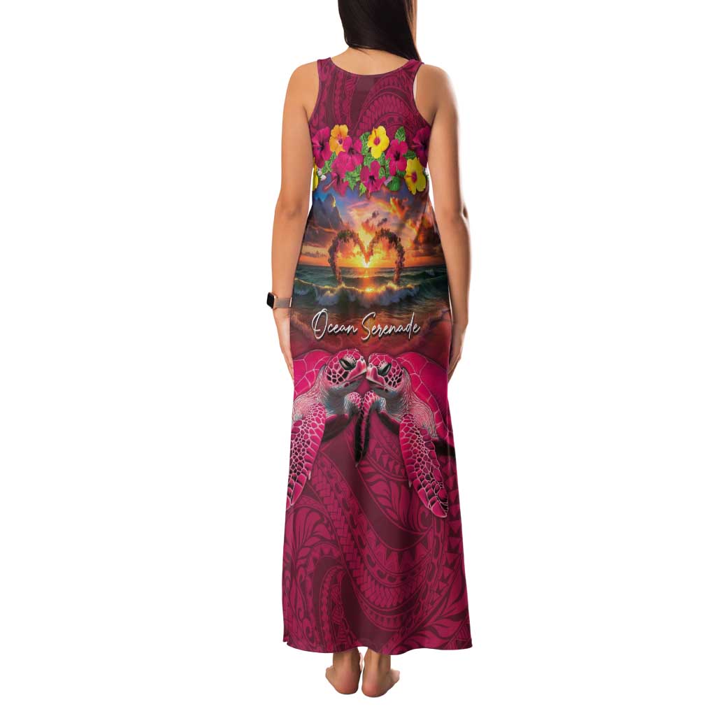 Hawaiian Turtle Love Couple Family Matching Tank Maxi Dress and Hawaiian Shirt Ocean Serenade - Honu Honi Ihu with Hibiscus and Romantic Sunset Pink Color LT03 - Polynesian Pride