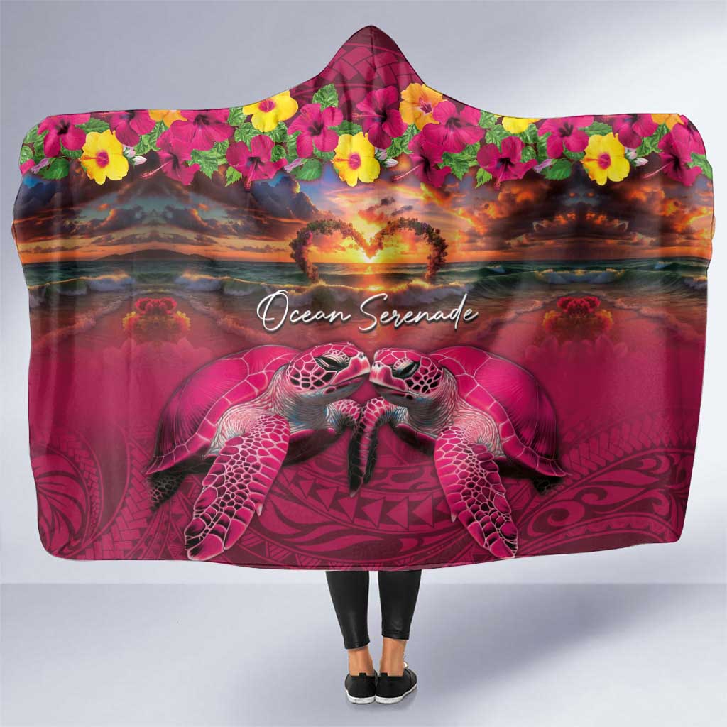 Hawaiian Turtle Love Couple Hooded Blanket Ocean Serenade - Honu Honi Ihu with Hibiscus and Romantic Sunset Pink Color LT03 One Size Pink - Polynesian Pride