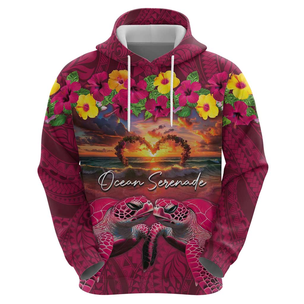 Hawaiian Turtle Love Couple Hoodie Ocean Serenade - Honu Honi Ihu with Hibiscus and Romantic Sunset Pink Color