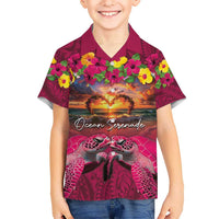 Hawaiian Turtle Love Couple Kid Hawaiian Shirt Ocean Serenade - Honu Honi Ihu with Hibiscus and Romantic Sunset Pink Color
