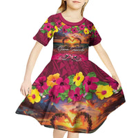Hawaiian Turtle Love Couple Kid Short Sleeve Dress Ocean Serenade - Honu Honi Ihu with Hibiscus and Romantic Sunset Pink Color