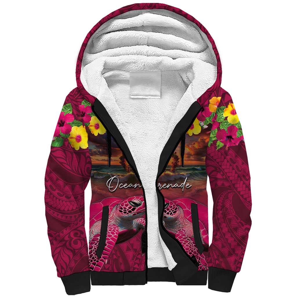 Hawaiian Turtle Love Couple Sherpa Hoodie Ocean Serenade - Honu Honi Ihu with Hibiscus and Romantic Sunset Pink Color LT03 Unisex Pink - Polynesian Pride