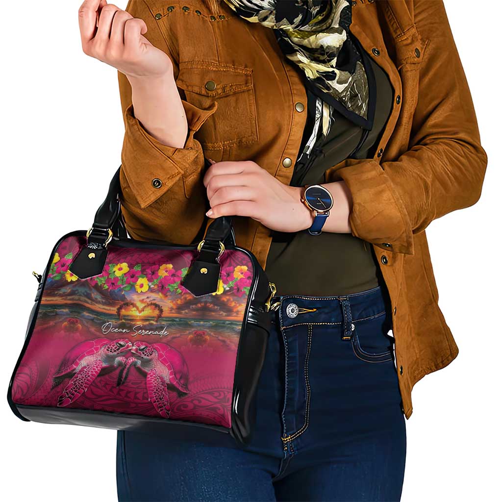 Hawaiian Turtle Love Couple Shoulder Handbag Ocean Serenade - Honu Honi Ihu with Hibiscus and Romantic Sunset Pink Color