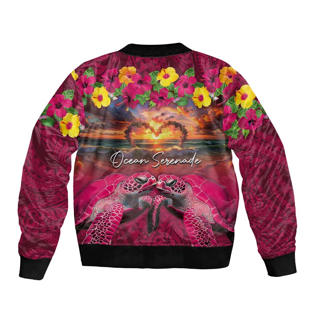 Hawaiian Turtle Love Couple Sleeve Zip Bomber Jacket Ocean Serenade - Honu Honi Ihu with Hibiscus and Romantic Sunset Pink Color LT03 - Polynesian Pride