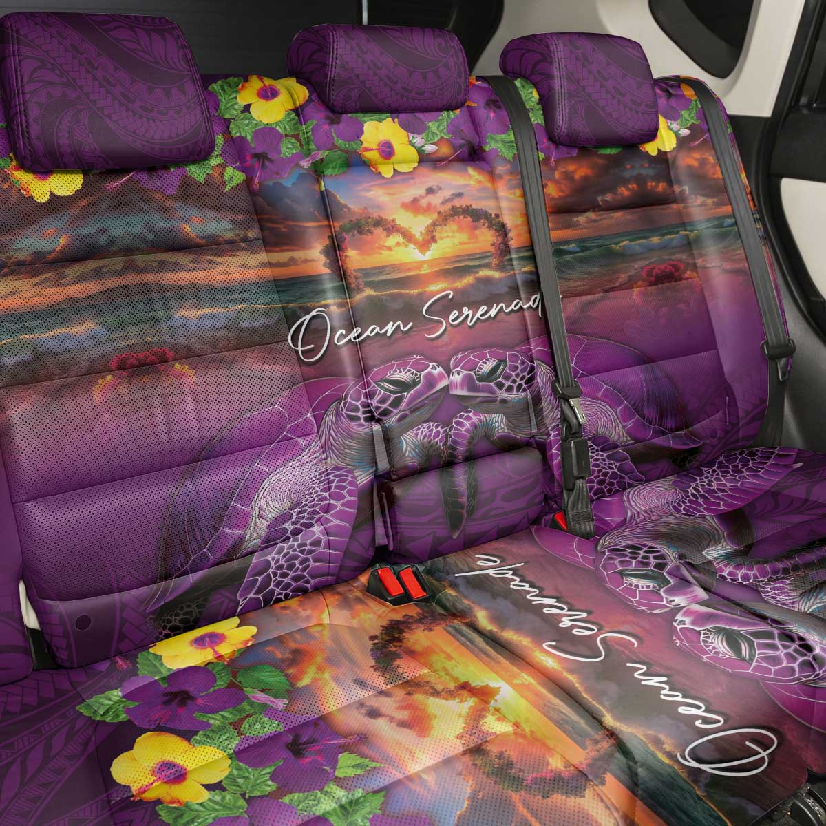 Hawaiian Turtle Love Couple Back Car Seat Cover Ocean Serenade - Honu Honi Ihu with Hibiscus and Romantic Sunset Purple Color