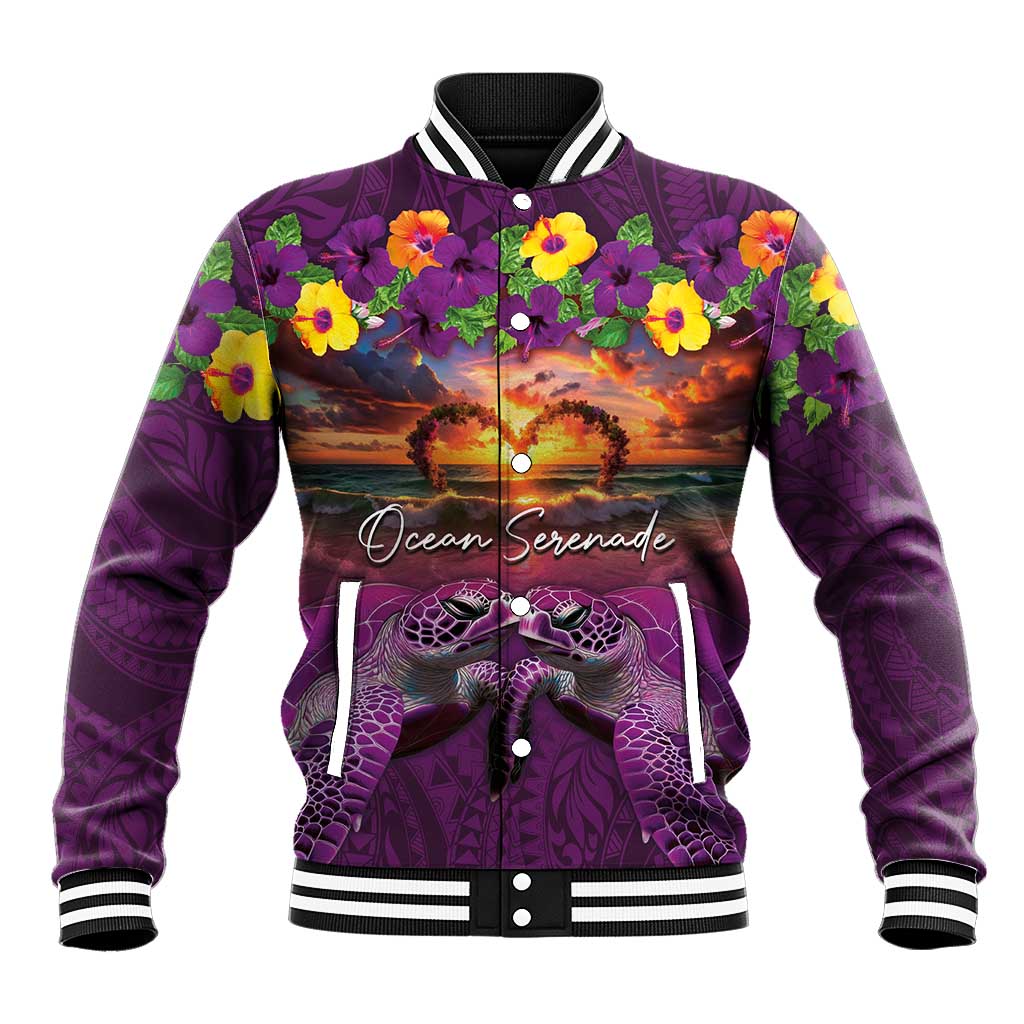 Hawaiian Turtle Love Couple Baseball Jacket Ocean Serenade - Honu Honi Ihu with Hibiscus and Romantic Sunset Purple Color LT03 Unisex Purple - Polynesian Pride