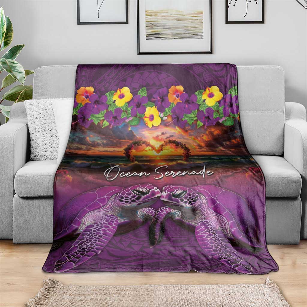 Hawaiian Turtle Love Couple Blanket Ocean Serenade - Honu Honi Ihu with Hibiscus and Romantic Sunset Purple Color
