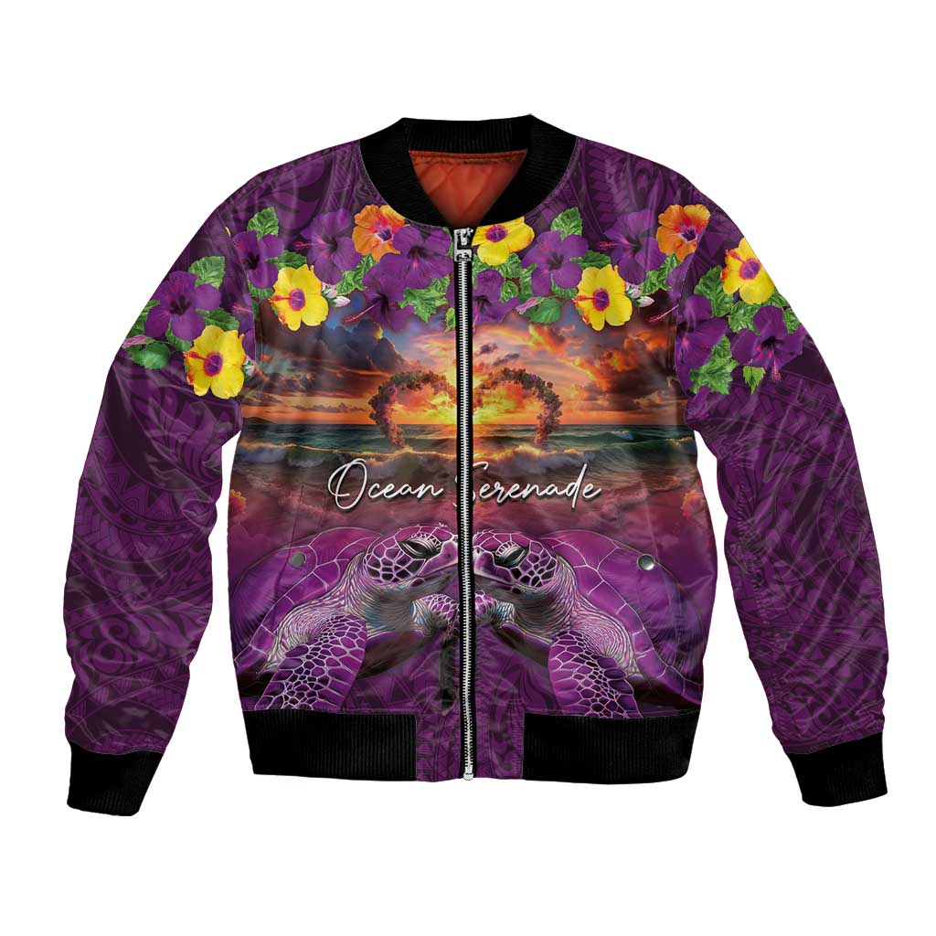 Hawaiian Turtle Love Couple Bomber Jacket Ocean Serenade - Honu Honi Ihu with Hibiscus and Romantic Sunset Purple Color LT03 Unisex Purple - Polynesian Pride