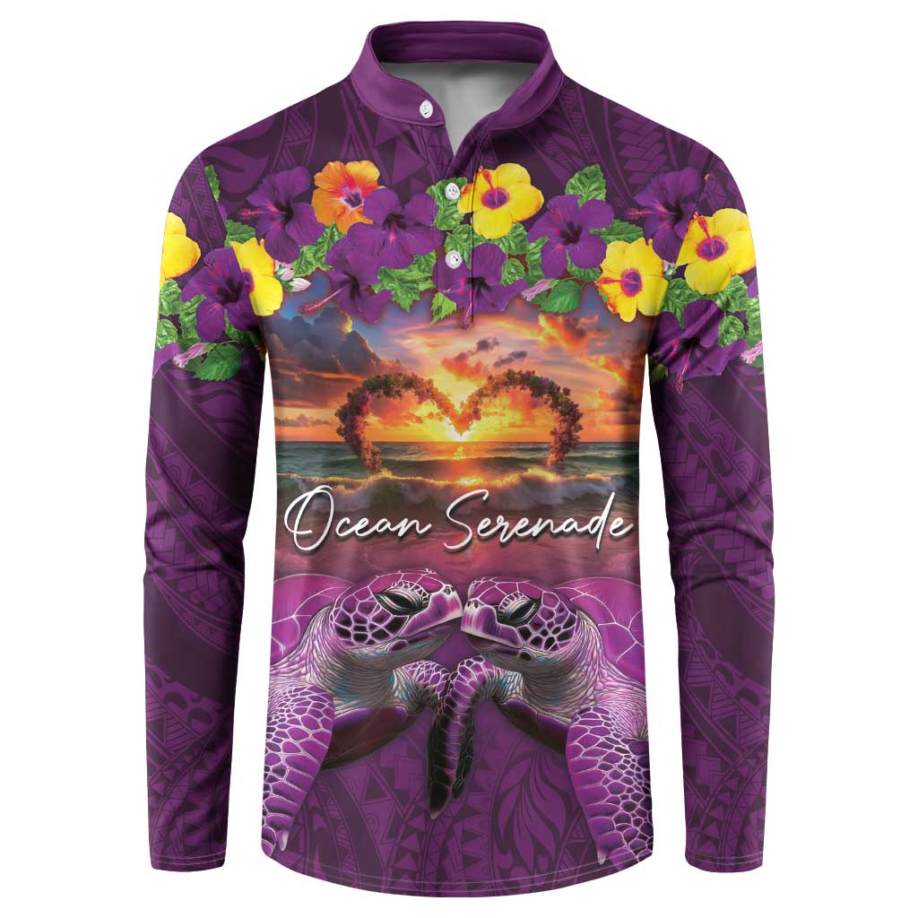 Hawaiian Turtle Love Couple Button Sweatshirt Ocean Serenade - Honu Honi Ihu with Hibiscus and Romantic Sunset Purple Color LT03 Purple - Polynesian Pride