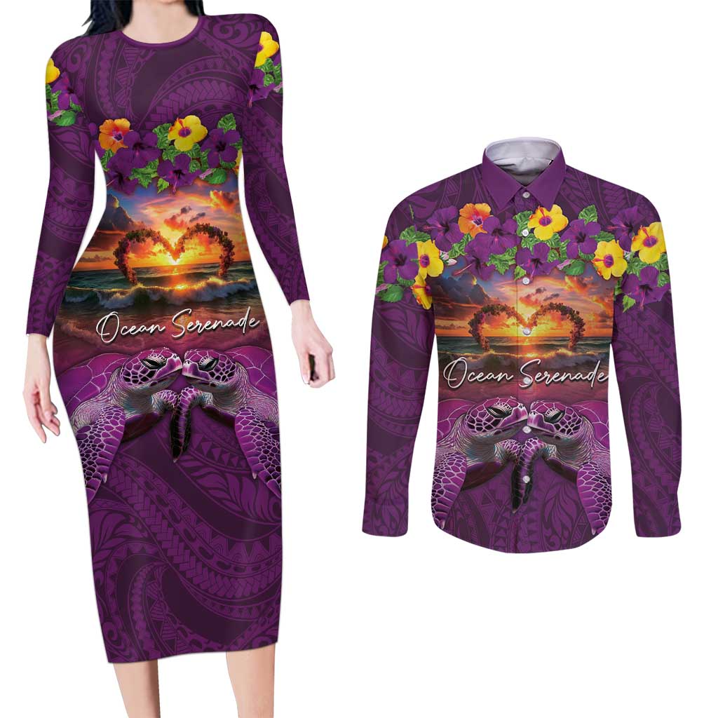 Hawaiian Turtle Love Couple Couples Matching Long Sleeve Bodycon Dress and Long Sleeve Button Shirt Ocean Serenade - Honu Honi Ihu with Hibiscus and Romantic Sunset Purple Color LT03 Purple - Polynesian Pride