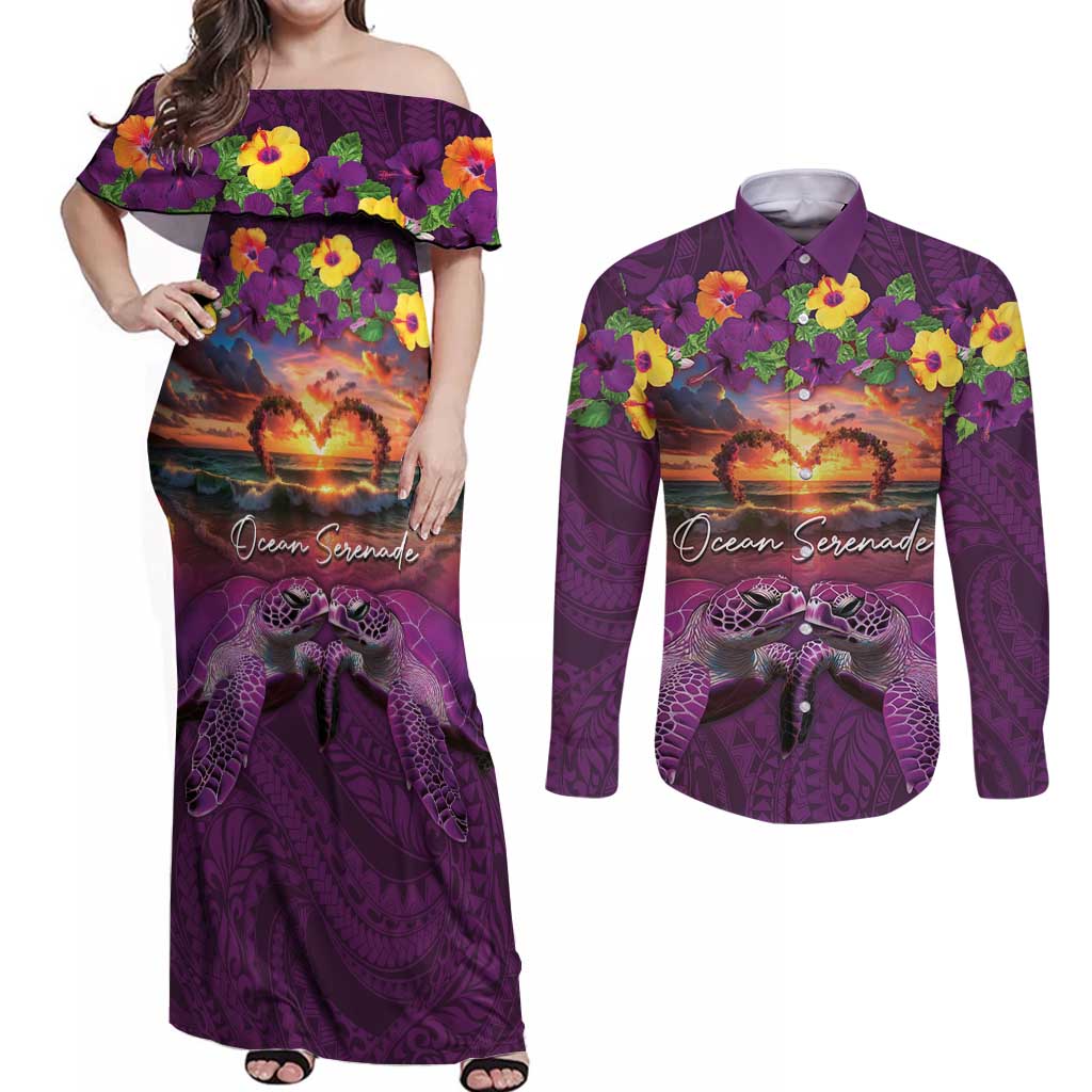 Hawaiian Turtle Love Couple Couples Matching Off Shoulder Maxi Dress and Long Sleeve Button Shirt Ocean Serenade - Honu Honi Ihu with Hibiscus and Romantic Sunset Purple Color LT03 Purple - Polynesian Pride