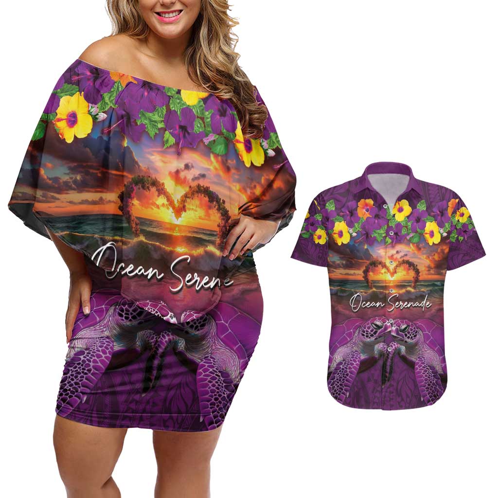 Hawaiian Turtle Love Couple Couples Matching Off Shoulder Short Dress and Hawaiian Shirt Ocean Serenade - Honu Honi Ihu with Hibiscus and Romantic Sunset Purple Color LT03 Purple - Polynesian Pride