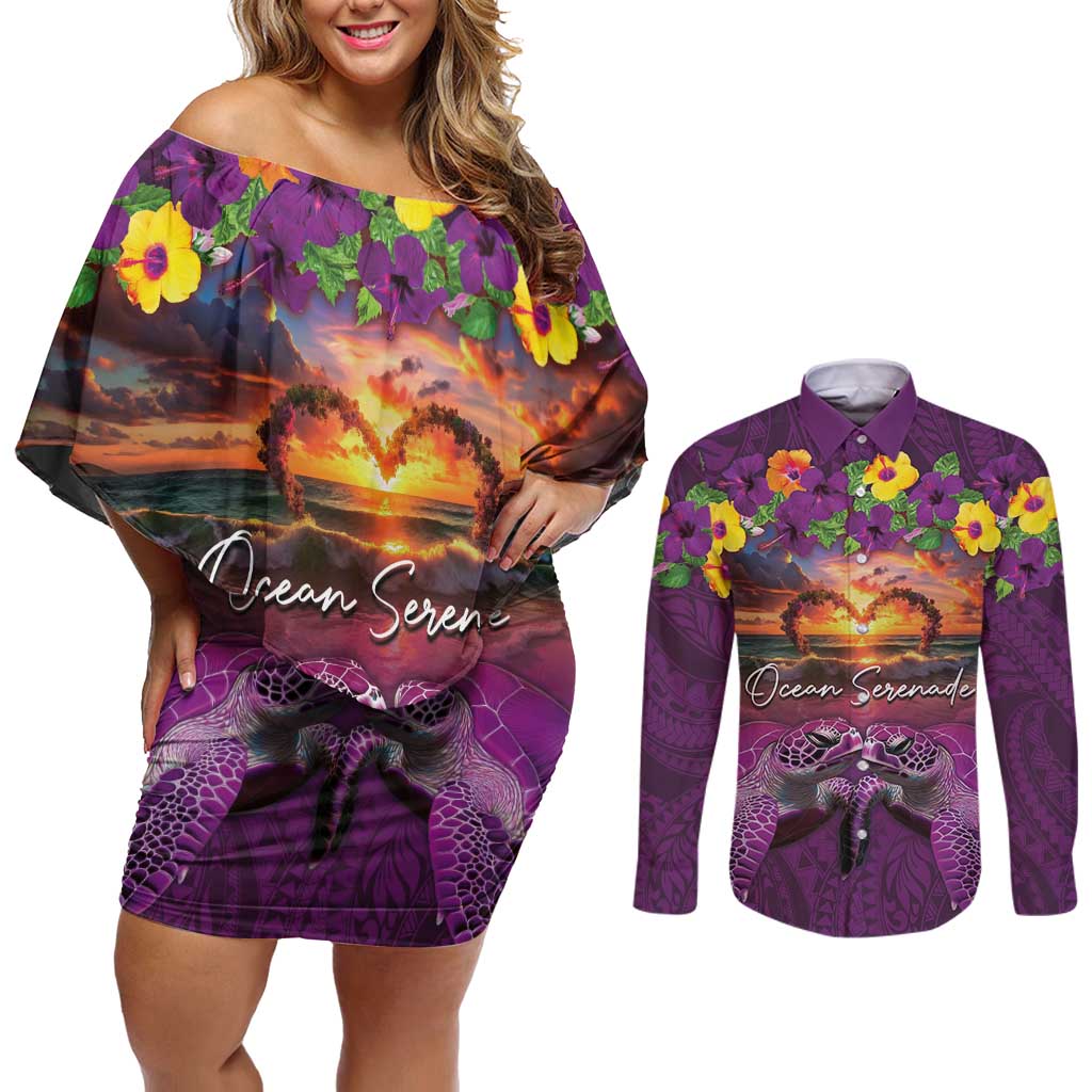Hawaiian Turtle Love Couple Couples Matching Off Shoulder Short Dress and Long Sleeve Button Shirt Ocean Serenade - Honu Honi Ihu with Hibiscus and Romantic Sunset Purple Color LT03 Purple - Polynesian Pride