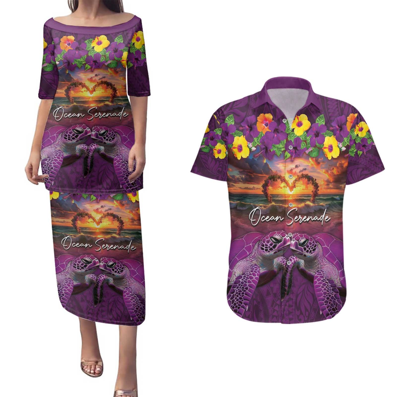 Hawaiian Turtle Love Couple Couples Matching Puletasi and Hawaiian Shirt Ocean Serenade - Honu Honi Ihu with Hibiscus and Romantic Sunset Purple Color LT03 Purple - Polynesian Pride