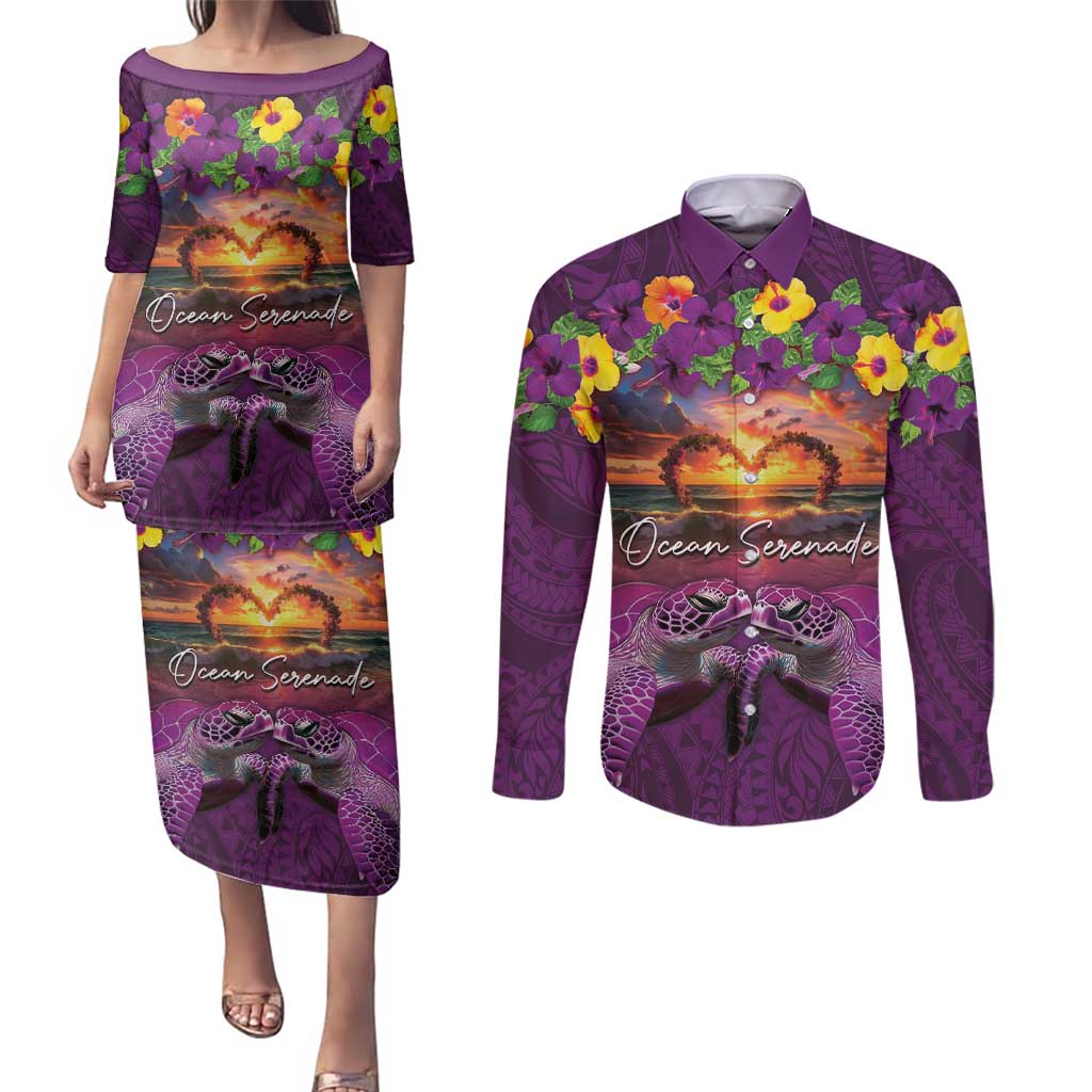 Hawaiian Turtle Love Couple Couples Matching Puletasi and Long Sleeve Button Shirt Ocean Serenade - Honu Honi Ihu with Hibiscus and Romantic Sunset Purple Color LT03 Purple - Polynesian Pride