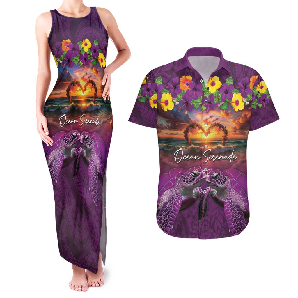 Hawaiian Turtle Love Couple Couples Matching Tank Maxi Dress and Hawaiian Shirt Ocean Serenade - Honu Honi Ihu with Hibiscus and Romantic Sunset Purple Color LT03 Purple - Polynesian Pride