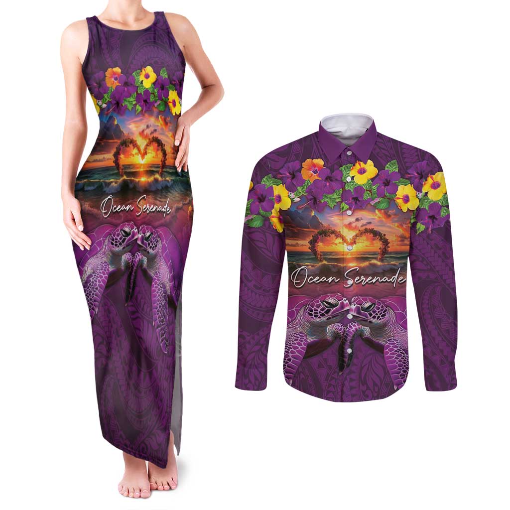 Hawaiian Turtle Love Couple Couples Matching Tank Maxi Dress and Long Sleeve Button Shirt Ocean Serenade - Honu Honi Ihu with Hibiscus and Romantic Sunset Purple Color LT03 Purple - Polynesian Pride