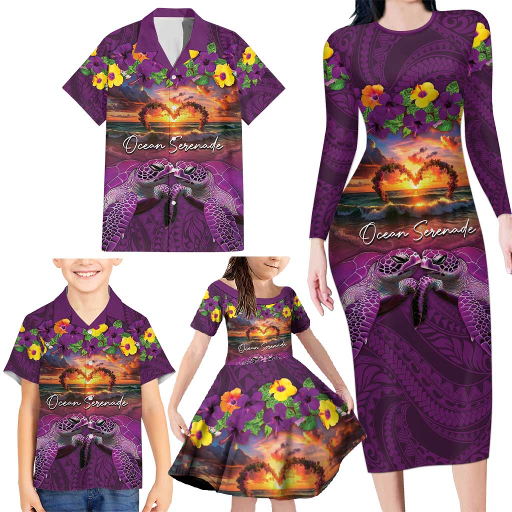Hawaiian Turtle Love Couple Family Matching Long Sleeve Bodycon Dress and Hawaiian Shirt Ocean Serenade - Honu Honi Ihu with Hibiscus and Romantic Sunset Purple Color