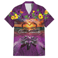 Hawaiian Turtle Love Couple Family Matching Off The Shoulder Long Sleeve Dress and Hawaiian Shirt Ocean Serenade - Honu Honi Ihu with Hibiscus and Romantic Sunset Purple Color