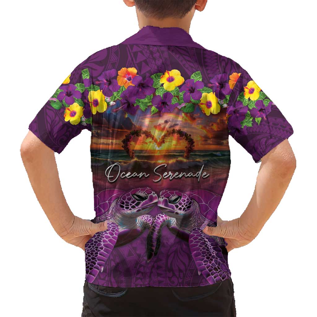 Hawaiian Turtle Love Couple Family Matching Off Shoulder Short Dress and Hawaiian Shirt Ocean Serenade - Honu Honi Ihu with Hibiscus and Romantic Sunset Purple Color LT03 - Polynesian Pride