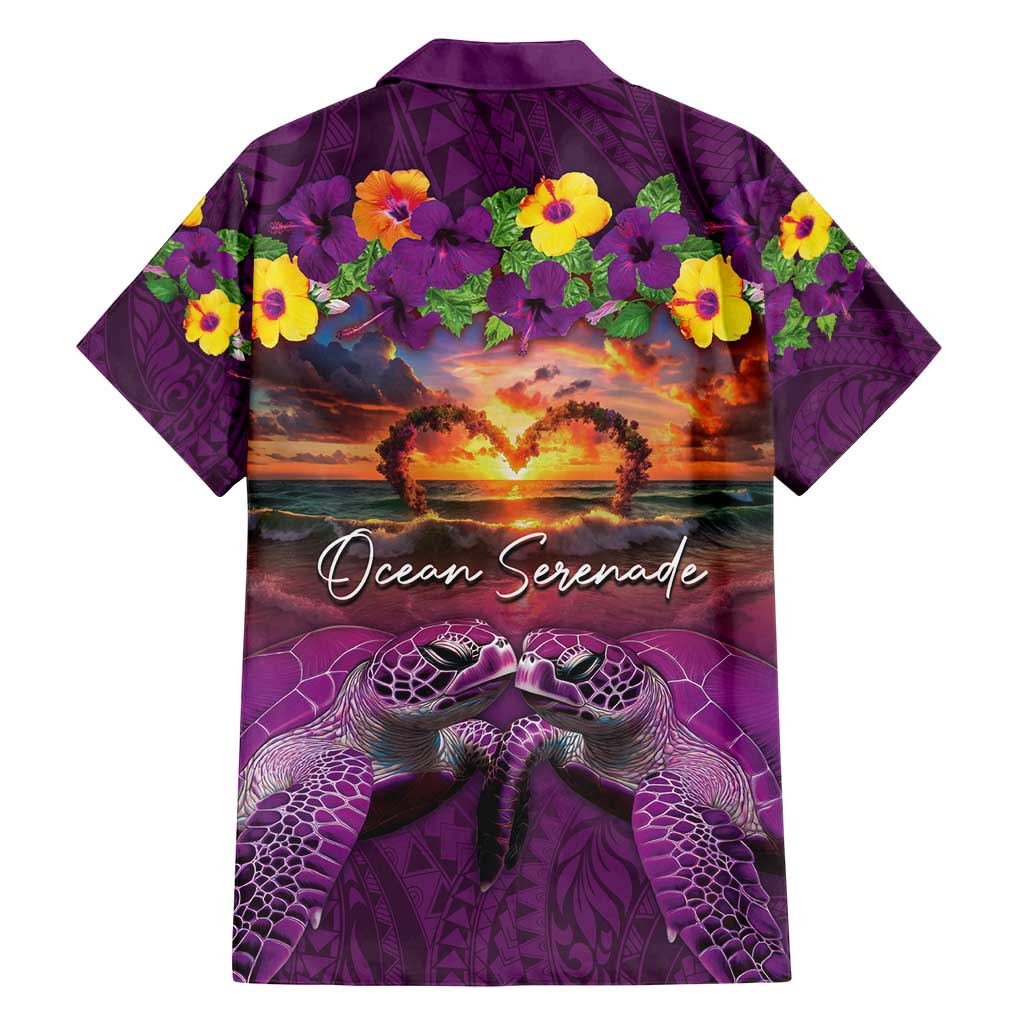 Hawaiian Turtle Love Couple Family Matching Off Shoulder Short Dress and Hawaiian Shirt Ocean Serenade - Honu Honi Ihu with Hibiscus and Romantic Sunset Purple Color LT03 - Polynesian Pride