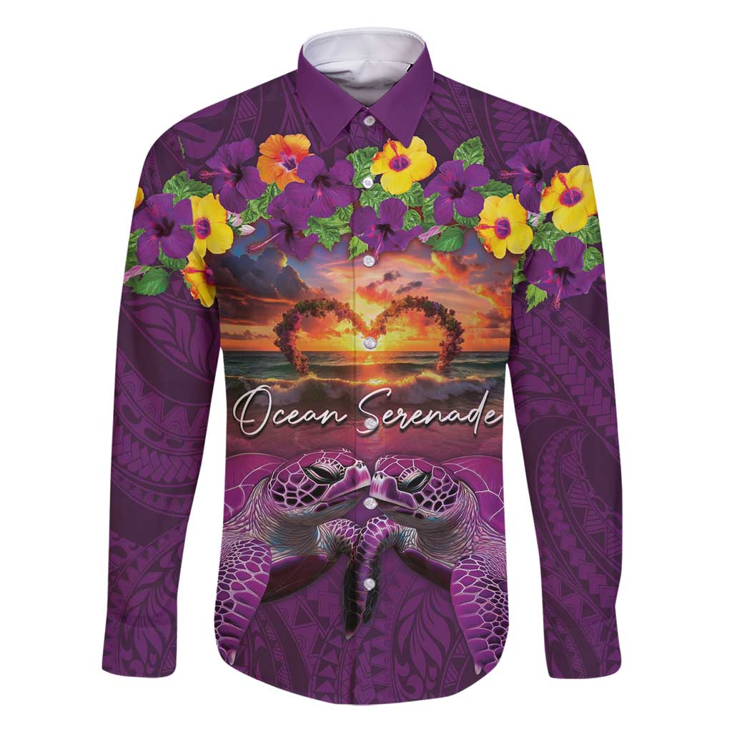 Hawaiian Turtle Love Couple Family Matching Off Shoulder Short Dress and Hawaiian Shirt Ocean Serenade - Honu Honi Ihu with Hibiscus and Romantic Sunset Purple Color LT03 Dad's Shirt - Long Sleeve Purple - Polynesian Pride